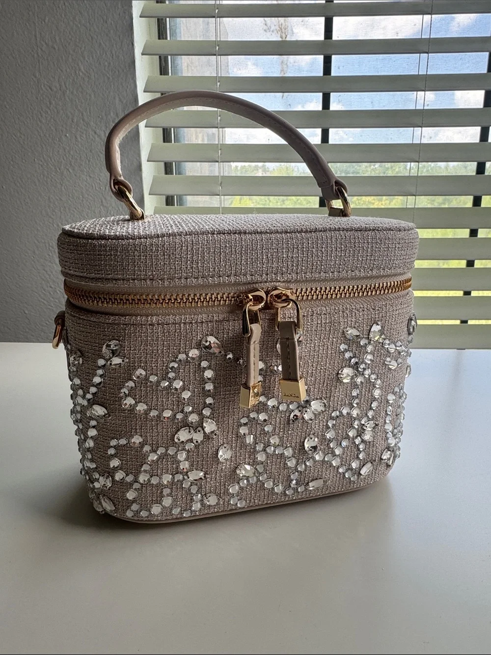 Embellished Taupe Top-Handle Cosmetic Bag/Crossbody